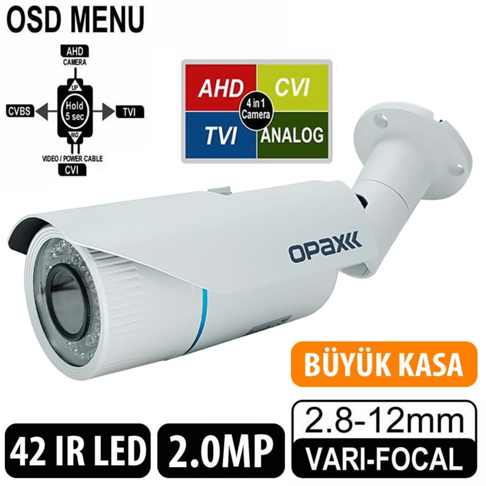 OPAX-8635 2 MP 1080P 2.8-12mm Varifocal Lens 42 IR Led OSD  Menü 4 in 1 AHD Bullet Kamera