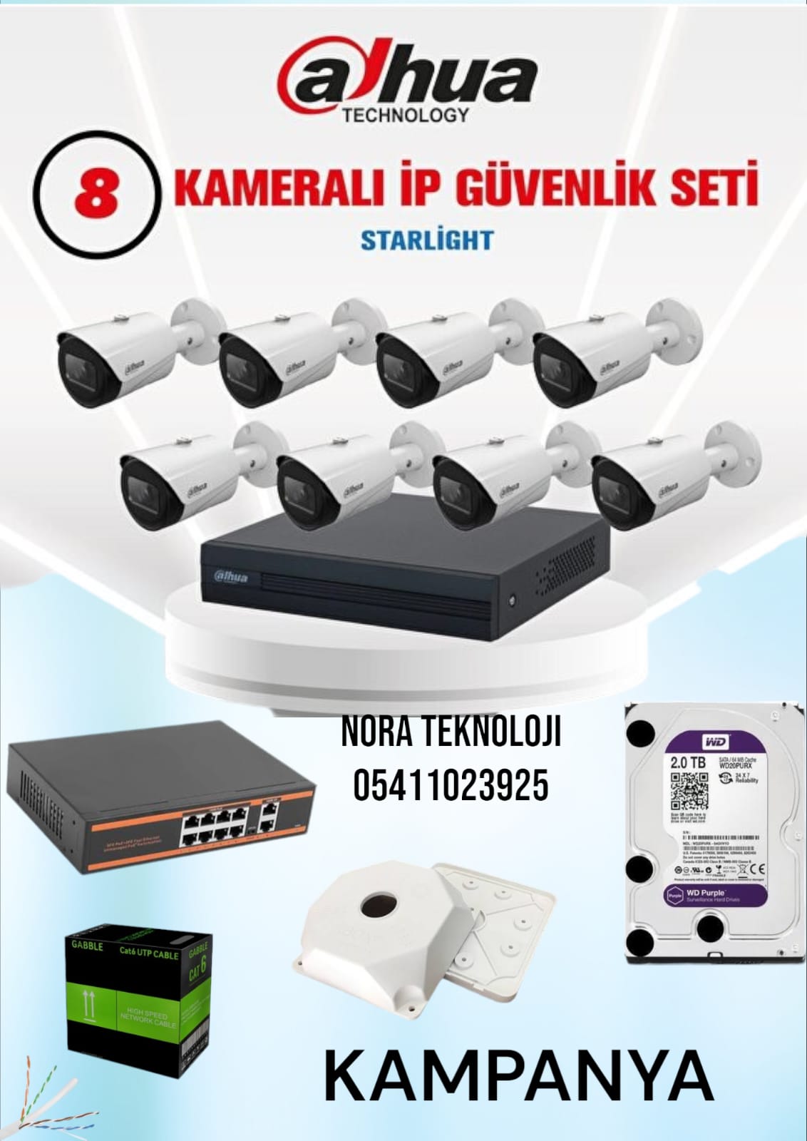 Dahua 8 kameralı Ip Set H265 2MP 1080P Full HD Hazır 8Li Set dıs mekan