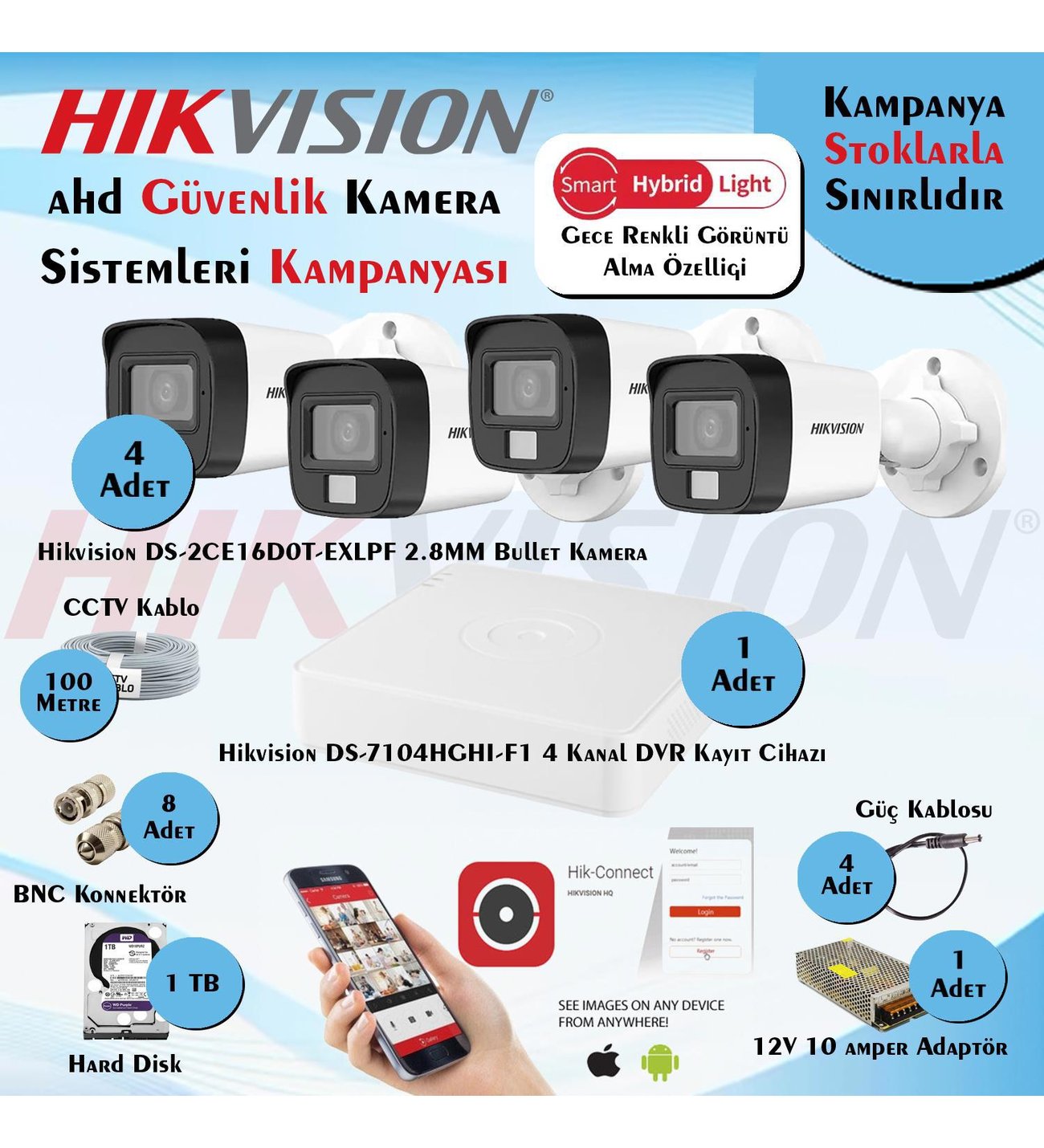 Hikvision Smart Hybrid Light AHD 4 lü set renkli